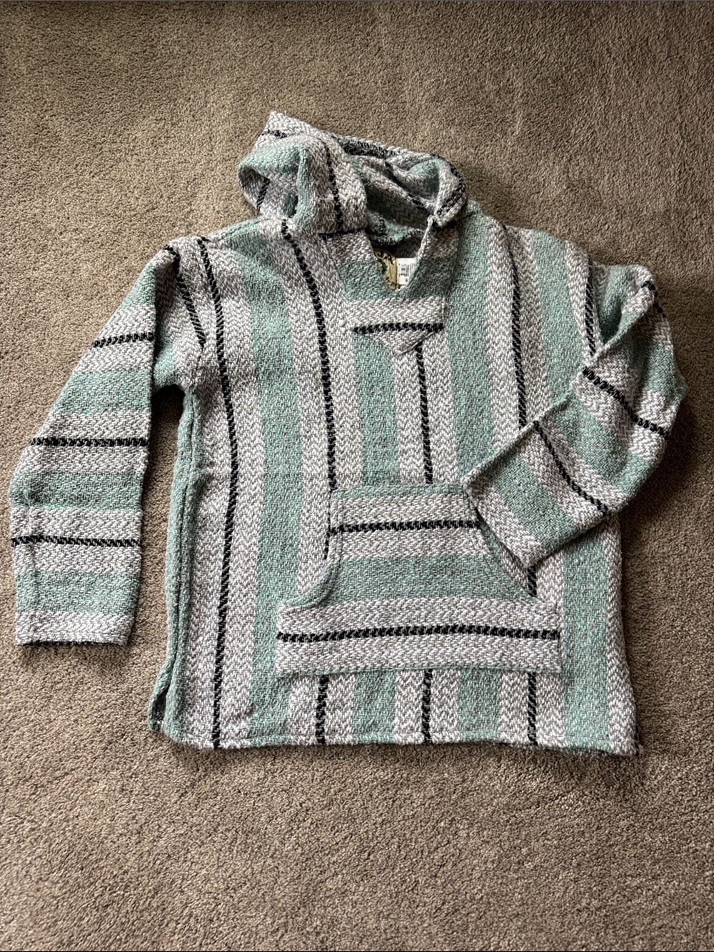 Striped Hooded Baja Sweater in Mint and Gray